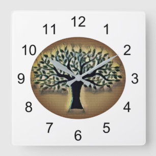 Tree faces yellow landscape watercolor  large cloc square wall clock