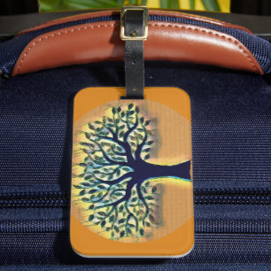 Tree faces yellow landscape watercolor luggage tag