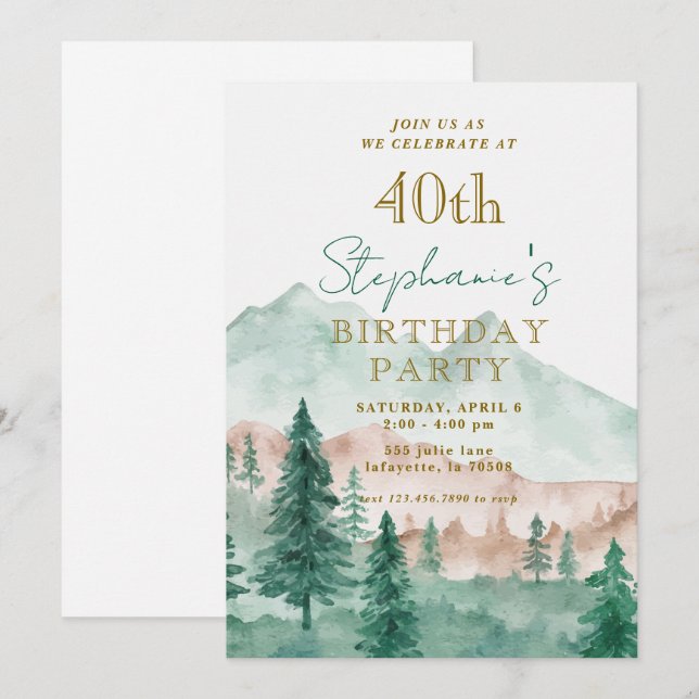 Tree Forest Mountain 40th Birthday Invitations (Front/Back)