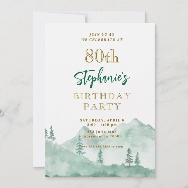 Tree Forest Mountain 80th Birthday Invitations (Front)