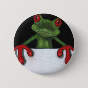 TREE FROG HOLDING SIGN: YOU PICK WORDING 6 CM ROUND BADGE