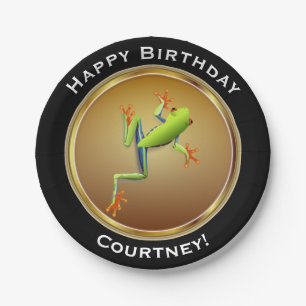 Tree Frog on Faux Gold Happy Birthday with Name Paper Plate