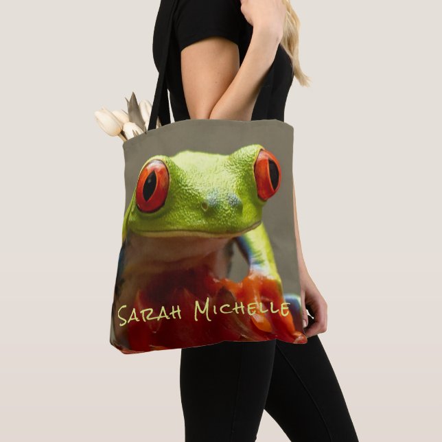 Tree Frog Personalised Name Tote Bag (Close Up)