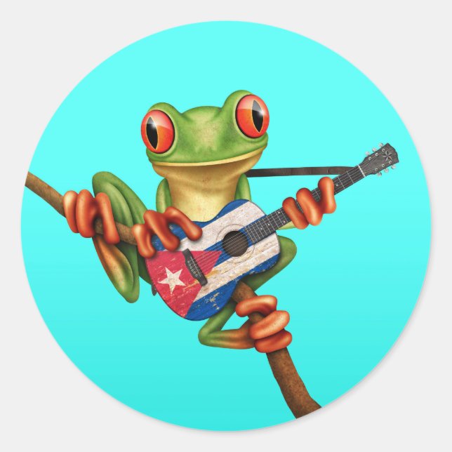 Tree Frog Playing Cuban Flag Guitar Blue Classic Round Sticker (Front)