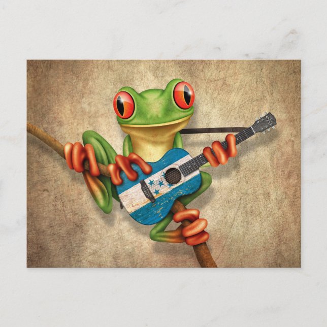 Tree Frog Playing Honduras Flag Guitar Postcard (Front)