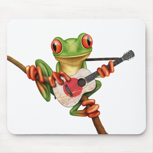 Tree Frog Playing Japanese Flag Guitar White Mouse Mat (Front)