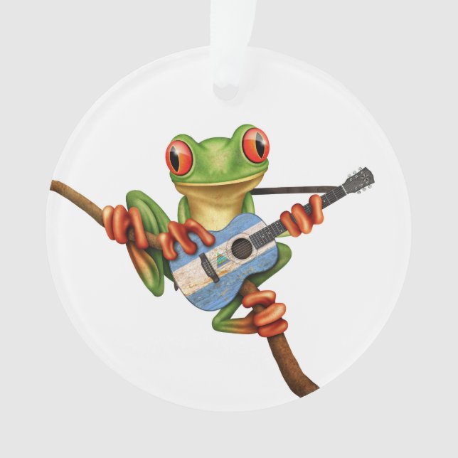 Tree Frog Playing Nicaraguan Flag Guitar White Ornament (Front)
