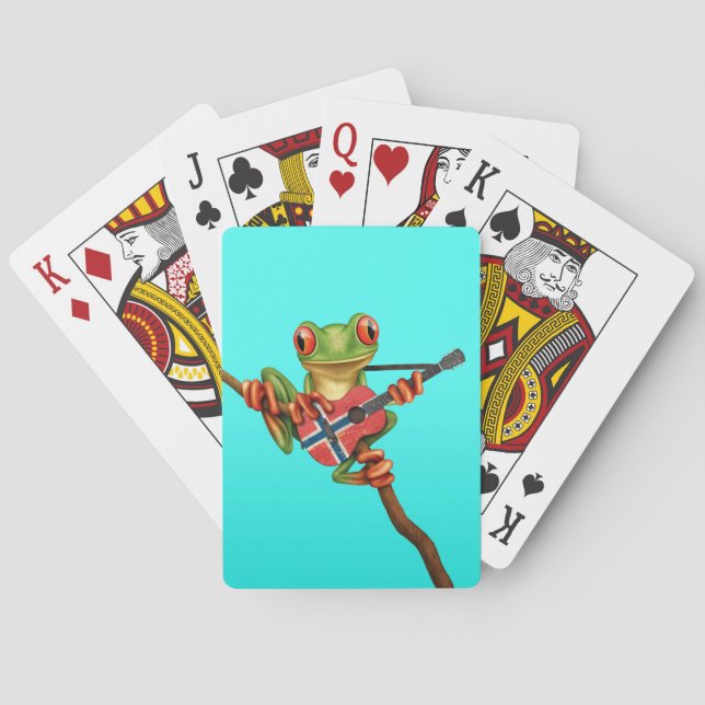 Tree Frog Playing Norwegian Flag Guitar Blue Playing Cards (Back)