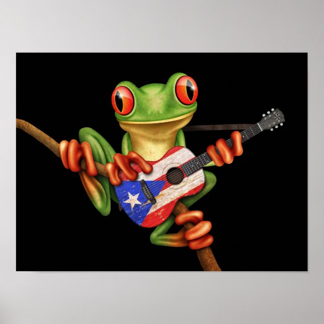 Tree Frog Playing Puerto Rico Flag Guitar Black Poster (Front)