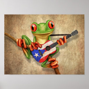 Tree Frog Playing Puerto Rico Flag Guitar Poster