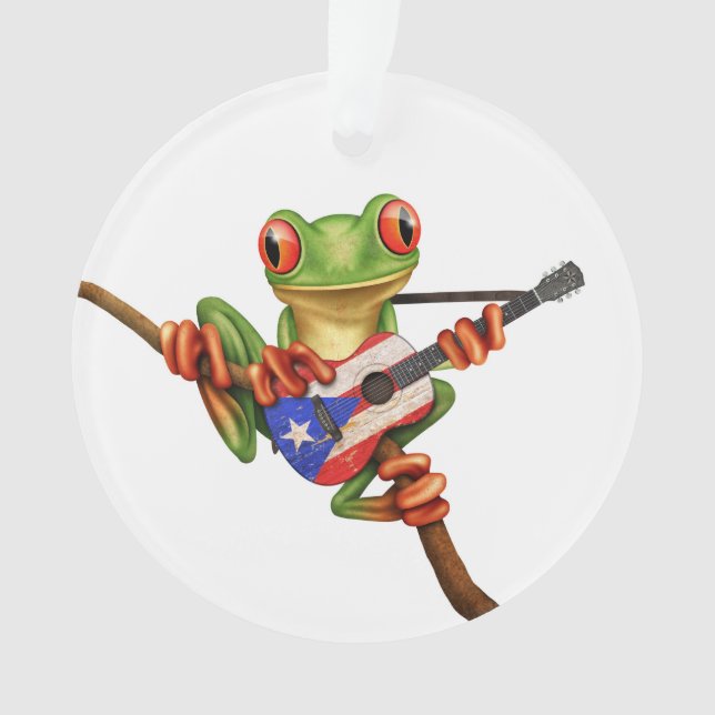 Tree Frog Playing Puerto Rico Flag Guitar White Ornament (Front)