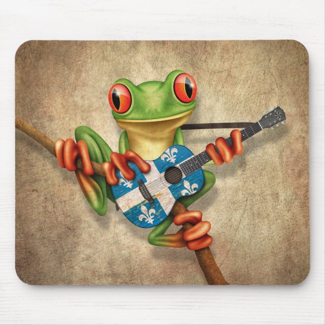 Tree Frog Playing Quebec Flag Guitar Mouse Mat (Front)