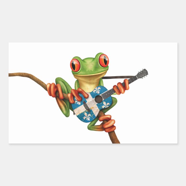 Tree Frog Playing Quebec Flag Guitar White Rectangular Sticker (Front)