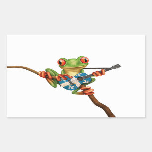 Tree Frog Playing Quebec Flag Guitar White Rectangular Sticker