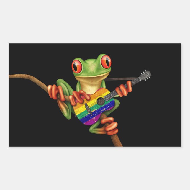 Tree Frog Playing Rainbow Flag Guitar Black Rectangular Sticker (Front)