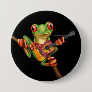 Tree Frog Playing Sri Lanka Flag Guitar Black 7.5 Cm Round Badge