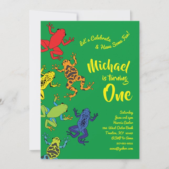 Tree Frogs Colourful 1st Birthday Cute Invitations (Front)
