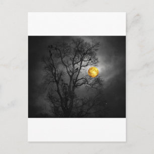 Tree full of ravens with a full moon. postcard