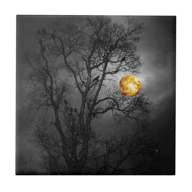 Tree full of ravens with a full moon. tile (Front)