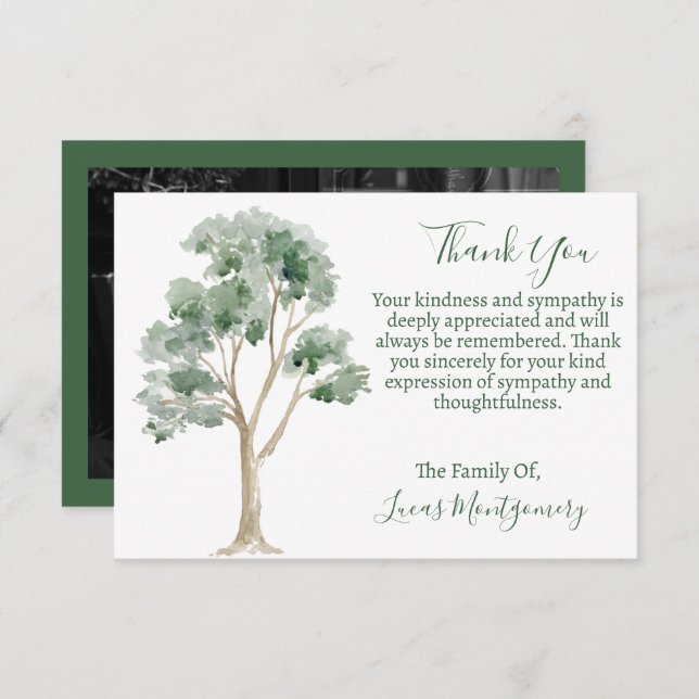 Tree Funeral Photo Thank You, Sympathy   Card (Front/Back)