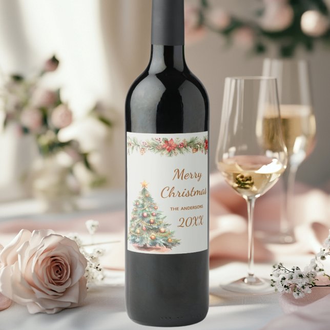 Tree garland red florals cream Christmas Party Wine Label (Creator Uploaded)