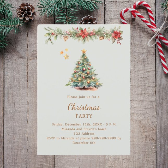 Tree garland red florals green Christmas Party Invitation (Creator Uploaded)
