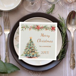 Tree garland red florals green Christmas Party Napkin