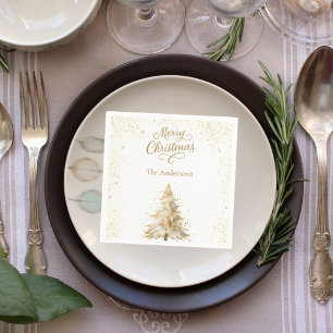 Tree gold white snow script Christmas  Napkin
