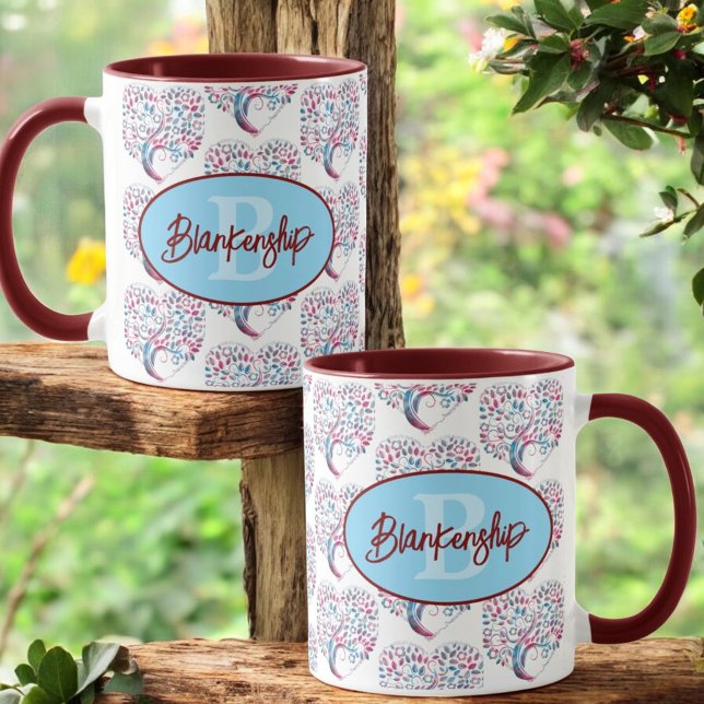 Tree Heart Pattern Monogram Template Mug (monogram and name template display on opposing mug sides)