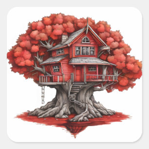 Tree house in red oak tree square sticker