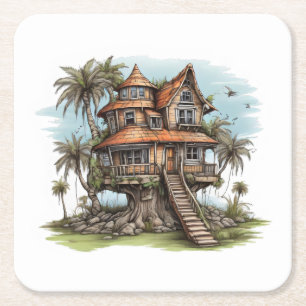 Tree house in sago palm tree square paper coaster