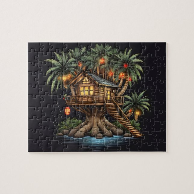 Tree house in sago palm tree with lights jigsaw puzzle (Horizontal)