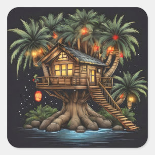 Tree house in sago palm tree with lights square sticker