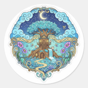 Tree House Under Moon Fantasy magical illustration Classic Round Sticker