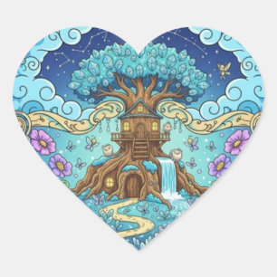 Tree House Under Moon Fantasy magical illustration Heart Sticker