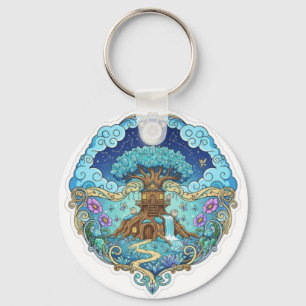 Tree House Under Moon Fantasy magical illustration Key Ring