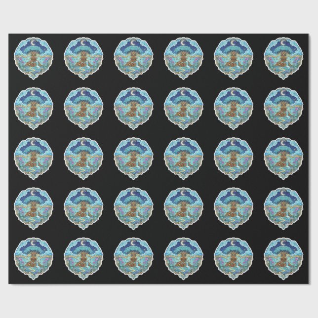 Tree House Under Moon Fantasy magical illustration Wrapping Paper (Flat)