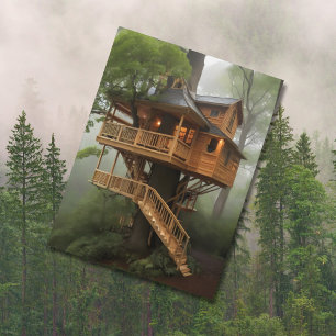 tree house with lights on postcard