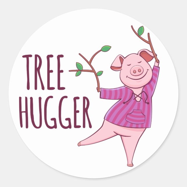 Tree Hugger Cute Hippy Pig Classic Round Sticker (Front)