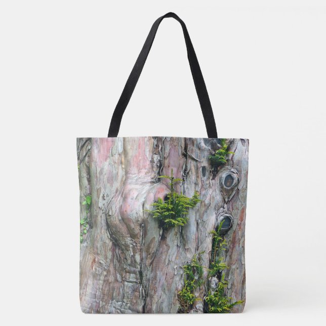 TREE-HUGGERS DELIGHT/TREE TRUNK WITH MOSS AND KNOT TOTE BAG (Front)