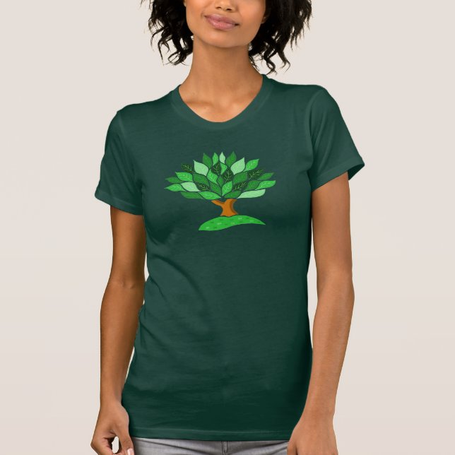 Tree Illustration with Green Leaves Pattern. T-Shirt (Front)
