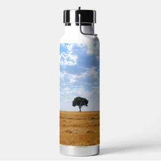 Tree in an harvested wheat field water bottle