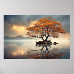 Tree In Calm Lake Serene Landscape  Poster