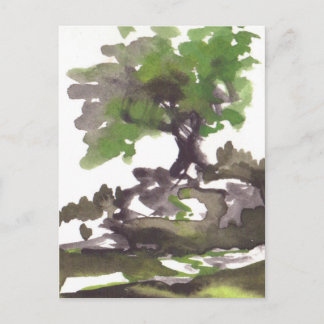 Tree in Summer Watercolor Postcard