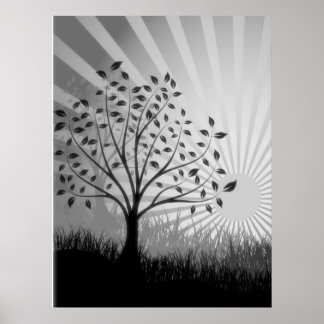 Tree Leaves Grass Silhouette & Sunburst - B&W Poster