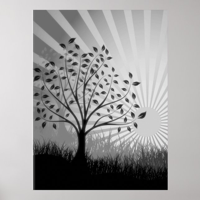 Tree Leaves Grass Silhouette & Sunburst - B&W Poster (Front)