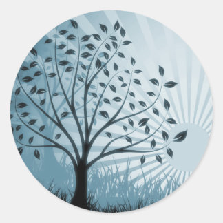Tree Leaves Grass Silhouette & Sunburst - Blue Classic Round Sticker