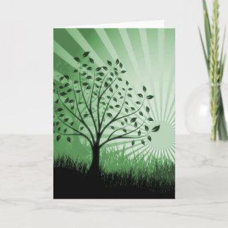 Tree Leaves Grass Silhouette & Sunburst - Green Card
