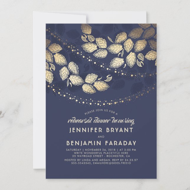 Tree Leaves String Lights Navy Rehearsal Dinner Invitation (Front)