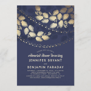 Tree Leaves String Lights Navy Rehearsal Dinner Invitation